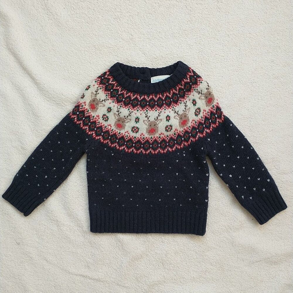 JoJo Maman Bebe Sweater Baby Boy 3-6M Blue Reindeer Fairly Isle Lambswool Blend